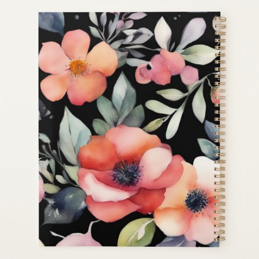Elegante waterverf bloemen zwart goud professional planner (Achterkant)