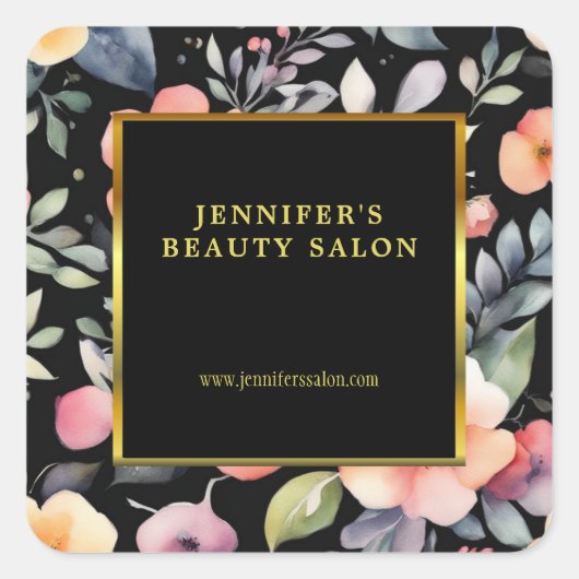 Elegante waterverf bloemen zwart goud professional vierkante sticker (Voorkant)