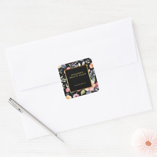 Elegante waterverf bloemen zwart goud professional vierkante sticker (Envelop)