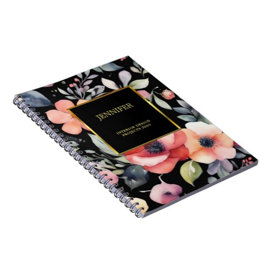 Elegante waterverf bloemen zwart goud professionee notitieboek (Rechterzijde)