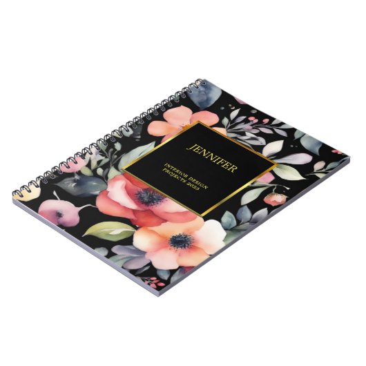 Elegante waterverf bloemen zwart goud professionee notitieboek (Linkerzijde)