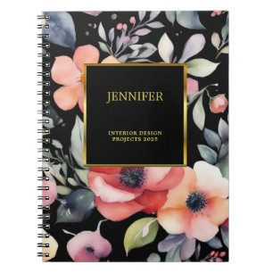 Elegante waterverf bloemen zwart goud professionee notitieboek
