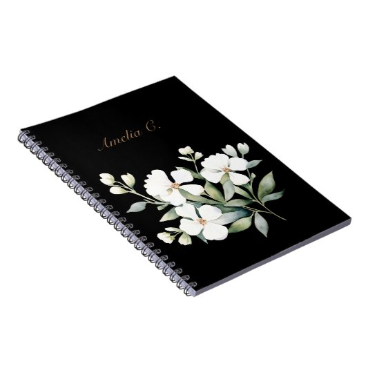 Elegante Waterverf Bloemen Zwart Notitieboek (Rechterzijde)