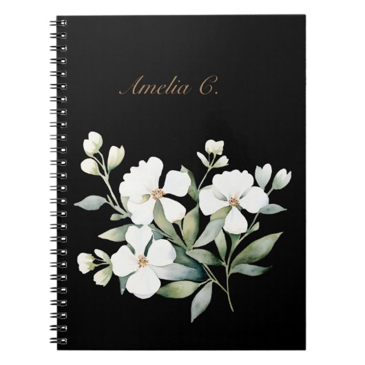 Elegante Waterverf Bloemen Zwart Notitieboek (Voorkant)