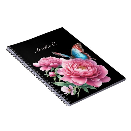 Elegante Waterverf Bloemen Zwart Notitieboek (Rechterzijde)
