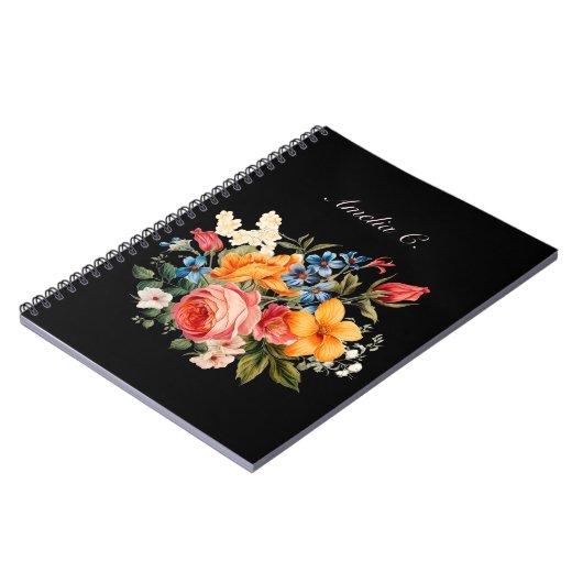 Elegante Waterverf Bloemen Zwart Notitieboek (Linkerzijde)
