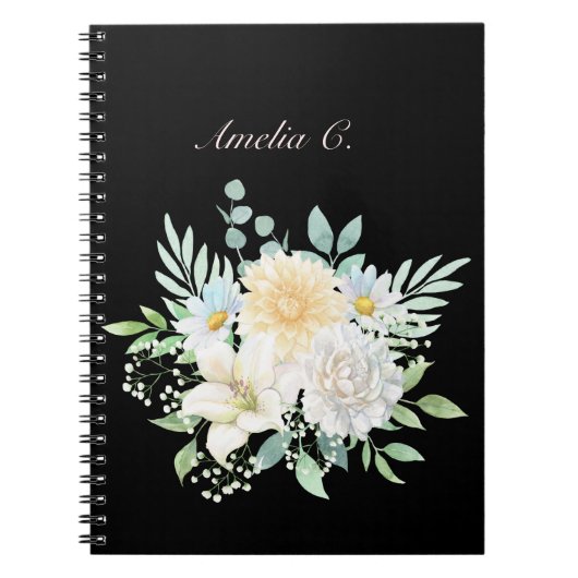Elegante Waterverf Bloemen Zwart Notitieboek (Voorkant)