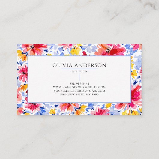 Elegante Waterverf Bloemenblauw Roze Modern Patter Visitekaartje (Achterkant)