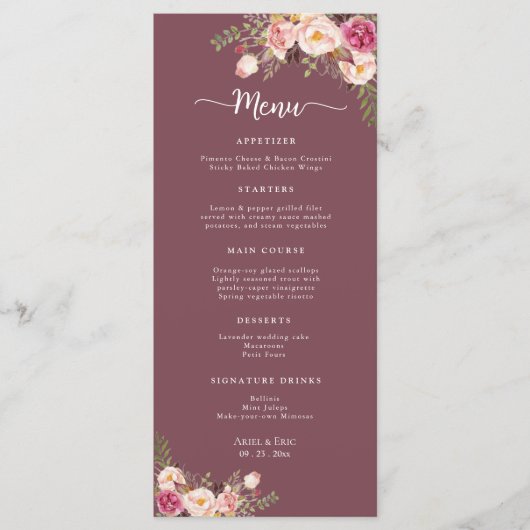 Elegante Waterverf bloemenblush roze bruiloft Menu (Voorkant)