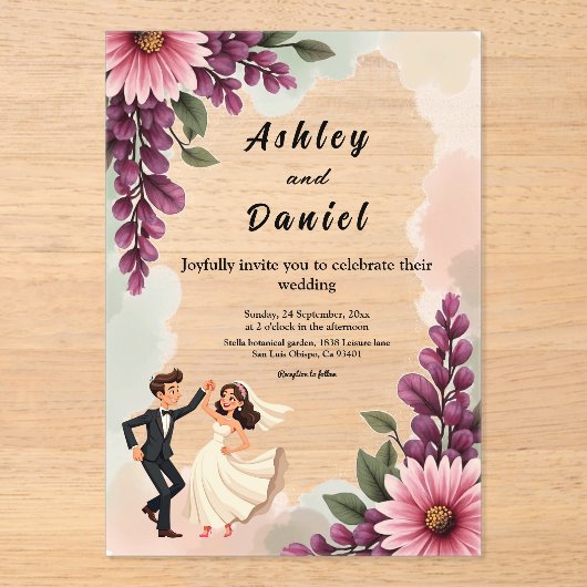 Elegante Waterverf Bloemenbruid Bruidegom Chic Wed Acryl Uitnodigingen (Voorkant)
