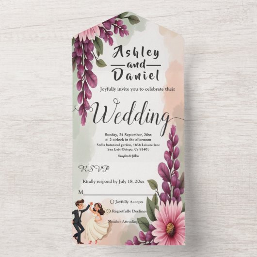 Elegante Waterverf Bloemenbruid Bruidegom Chic Wed All In One Uitnodiging (Binnen)