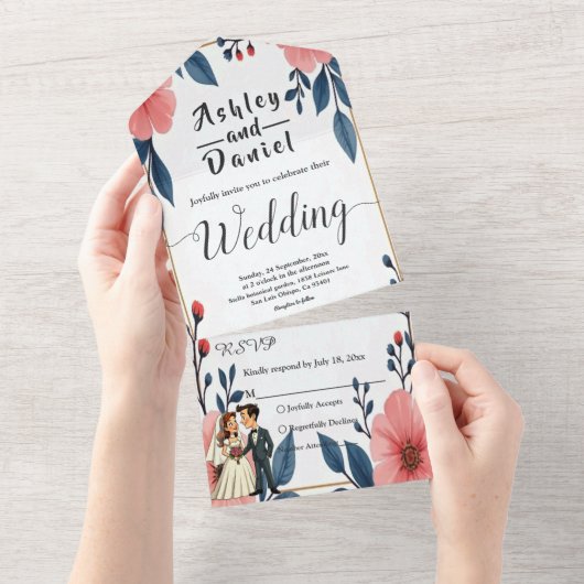 Elegante Waterverf Bloemenbruid Bruidegom Chic Wed All In One Uitnodiging (Afscheurbaar)