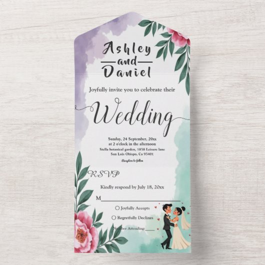 Elegante Waterverf Bloemenbruid en bruidegom bruil All In One Uitnodiging (Binnen)