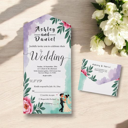 Elegante Waterverf Bloemenbruid en bruidegom bruil All In One Uitnodiging