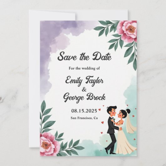 Elegante Waterverf Bloemenbruid en bruidegom bruil Save The Date (Voorkant)