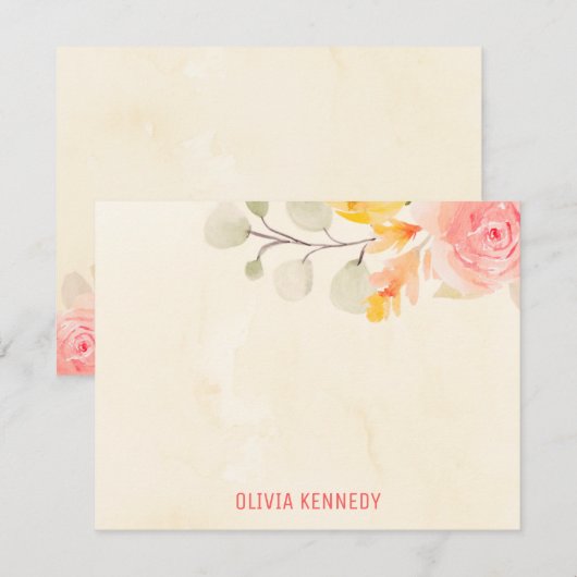 Elegante Waterverf Bloemencrème gepersonaliseerd Notitiekaartje (Voorkant / Achterkant)