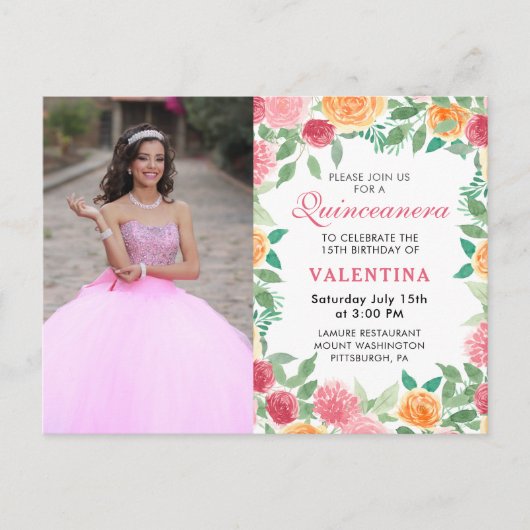 Elegante Waterverf bloemenfoto Quinceanera Invit Uitnodiging Briefkaart (Voorkant)