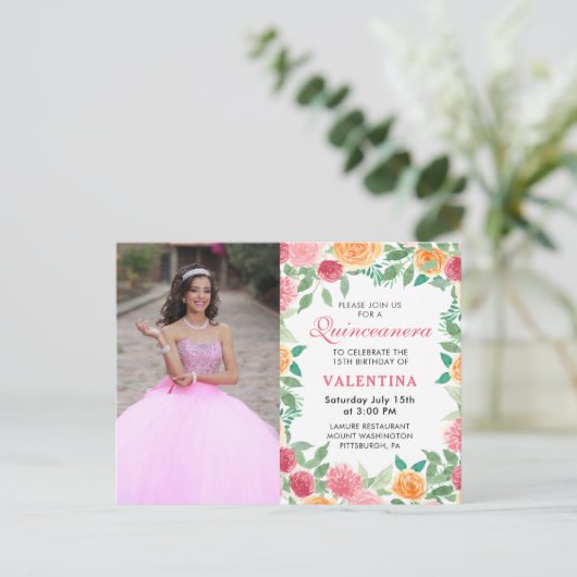Elegante Waterverf bloemenfoto Quinceanera Invit Uitnodiging Briefkaart (Staand voorkant)