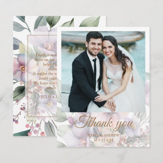 Elegante waterverf bloemenfotobericht bruiloft bedankkaart (Voorkant / Achterkant)