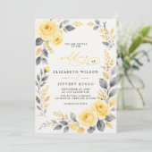 Elegante Waterverf Bloemengeel Grijs Bruiloft Kaart (Staand voorkant)