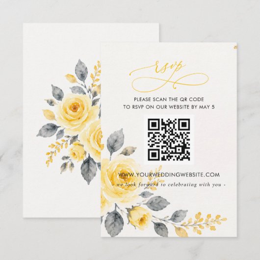 Elegante Waterverf Bloemengeel Grijs QR CODE RSVP Kaartje (Voorkant / Achterkant)