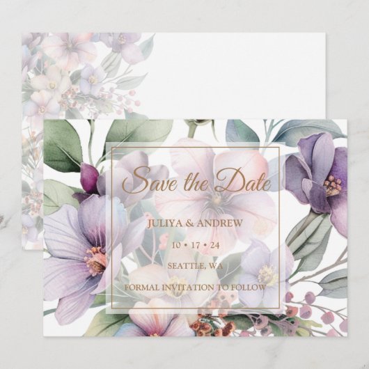 Elegante Waterverf bloemengouden bruiloft Save The Date (Voorkant / Achterkant)