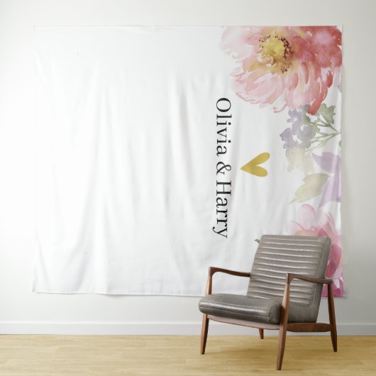 Elegante Waterverf Bloemenhart Bruiloft Achtergron Wandkleed (In Situ (horizontaal))