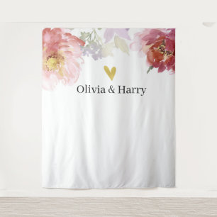 Elegante Waterverf Bloemenhart Bruiloft Achtergron Wandkleed