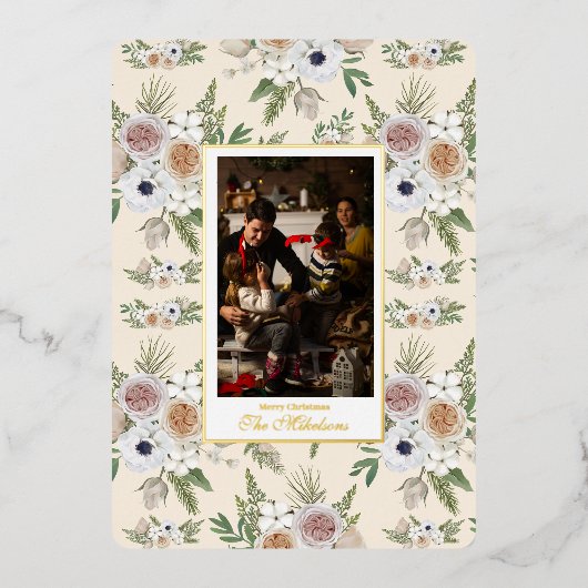 Elegante Waterverf bloemenkerst Folie Feestdagenkaart (Voorkant)