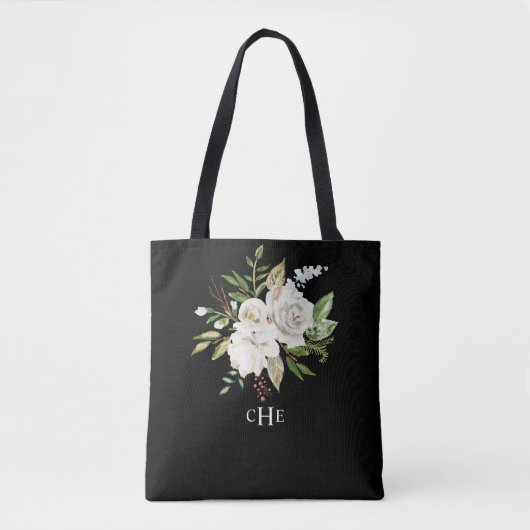 Elegante Waterverf Bloemenmonogram op zwart Tote Bag (Voorkant)