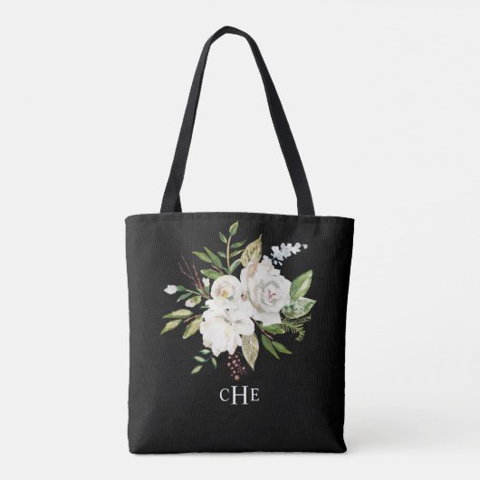 Elegante Waterverf Bloemenmonogram op zwart Tote Bag (Achterkant)