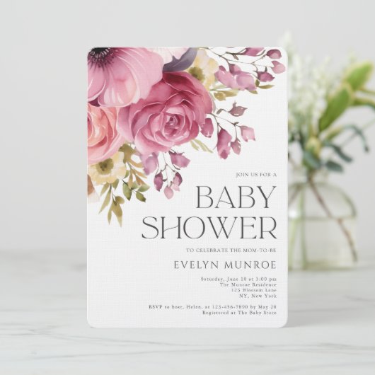 Elegante Waterverf Bloemenroze Baby shower Kaart (Staand voorkant)