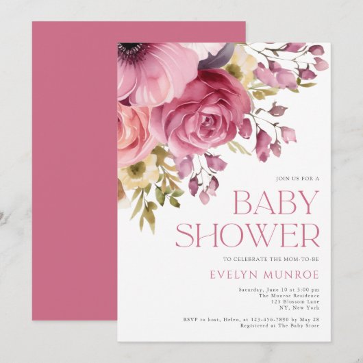 Elegante Waterverf Bloemenroze Baby shower Kaart (Voorkant / Achterkant)