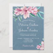 Elegante waterverf bloemenstoffige blauwe bruiloft kaart (Voorkant)