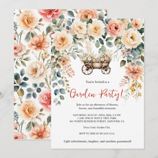 Elegante waterverf bloementuin feestuitnodiging kaart (Voorkant / Achterkant)