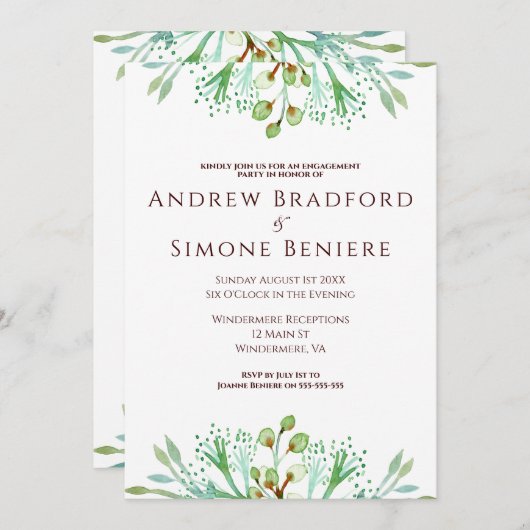 Elegante waterverf bloemenverlovingsfeest kaart (Voorkant / Achterkant)