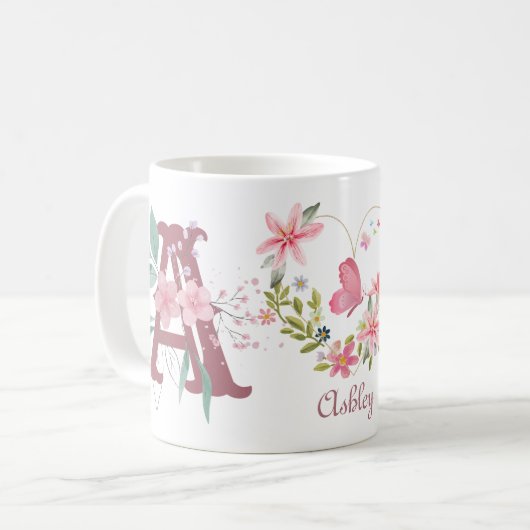 Elegante Waterverf Bloemenvlinder Monogram A Koffiemok (Voorkant links)
