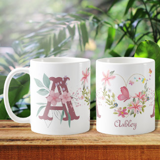 Elegante Waterverf Bloemenvlinder Monogram A Koffiemok