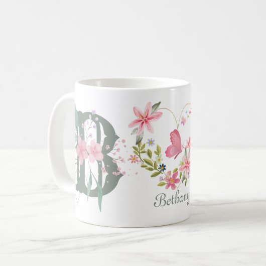 Elegante Waterverf Bloemenvlinder Monogram B Koffiemok (Voorkant links)