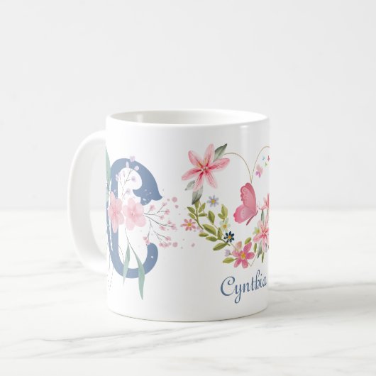 Elegante Waterverf Bloemenvlinder Monogram C Koffiemok (Voorkant links)