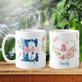 Elegante Waterverf Bloemenvlinder Monogram E Koffiemok