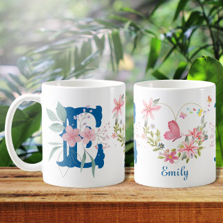 Elegante Waterverf Bloemenvlinder Monogram E Koffiemok