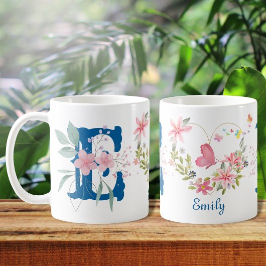 Elegante Waterverf Bloemenvlinder Monogram E Koffiemok