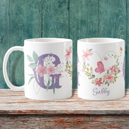 Elegante Waterverf Bloemenvlinder Monogram G Koffiemok