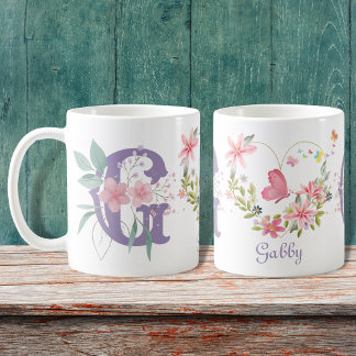 Elegante Waterverf Bloemenvlinder Monogram G Koffiemok