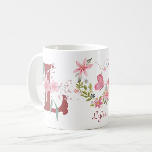 Elegante Waterverf Bloemenvlinder Monogram L Koffiemok (Voorkant links)