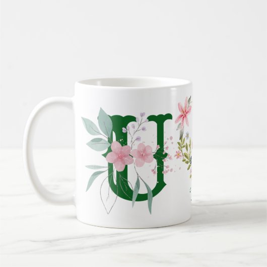 Elegante Waterverf Bloemenvlinder Monogram U Koffiemok (Links)