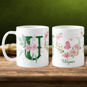 Elegante Waterverf Bloemenvlinder Monogram U Koffiemok