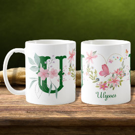 Elegante Waterverf Bloemenvlinder Monogram U Koffiemok