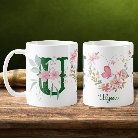 Elegante Waterverf Bloemenvlinder Monogram U Koffiemok